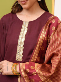 Vishudh Burgundy Yoke Design Thread Work Straight Kurta & Palazzos With Dupatta