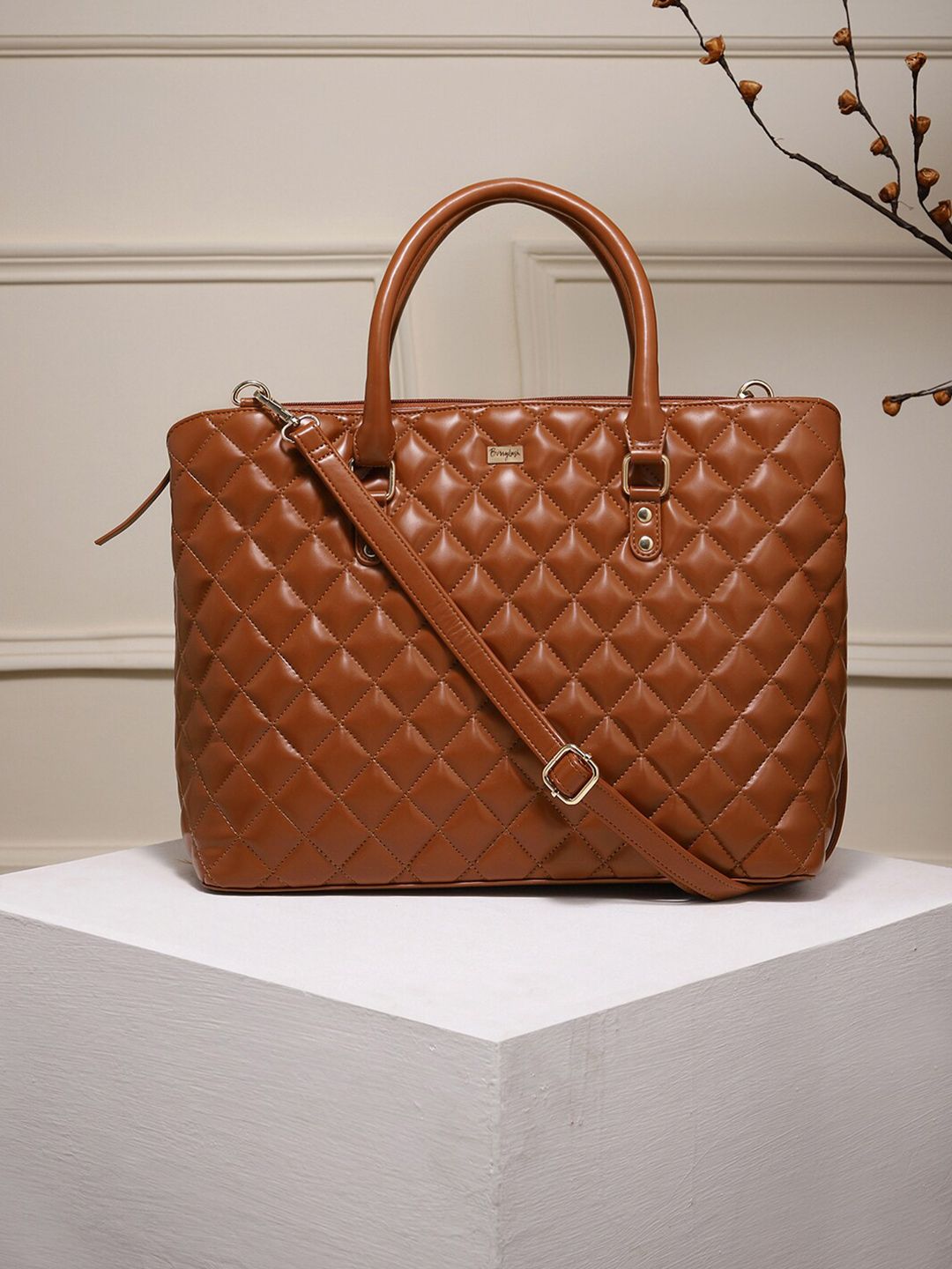 Berrylush Women Brown Textured Laptop Bag With Quilted