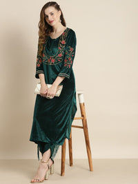 Shae by SASSAFRAS Women Teal Floral Embroidered Velvet Maternity Velvet Kurta