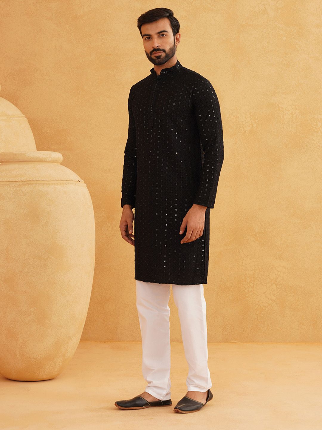 SOJANYA Ethnic Motifs Embroidered Sequined Pure Cotton Kurta with Churidar