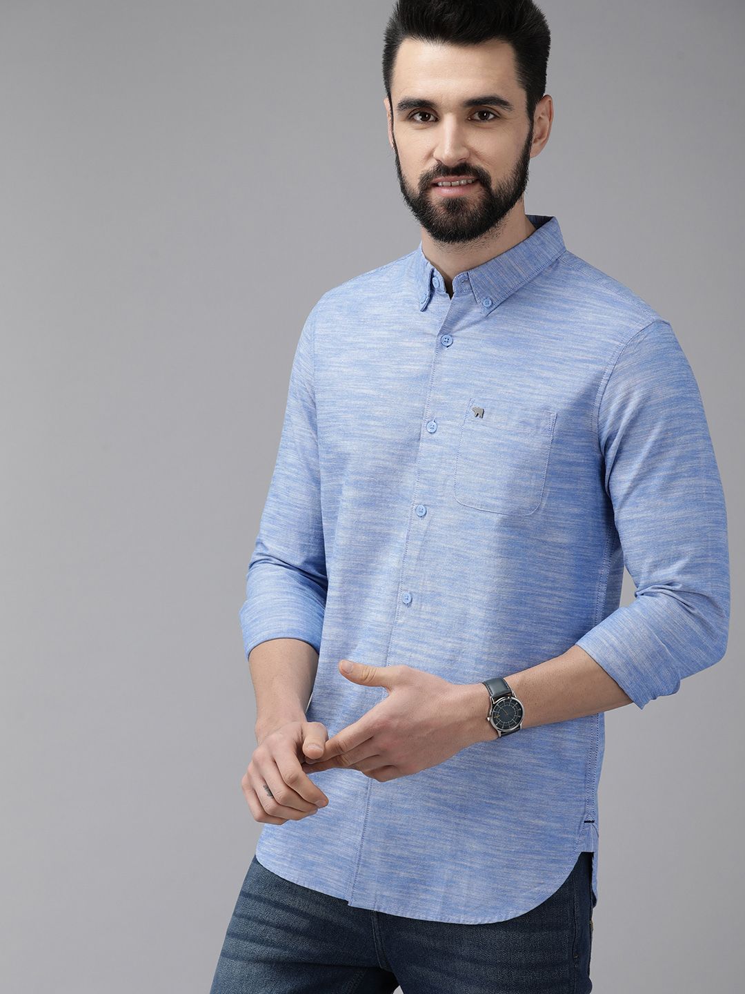 THE BEAR HOUSE Men Blue Self Design Slim Fit Cotton Chambray Shirt