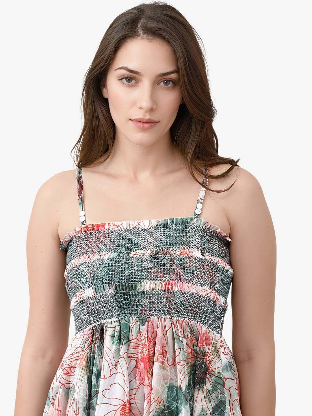 RAREISM Floral Printed Cotton Flared Off-Shoulder Fit & Flare Midi Dress