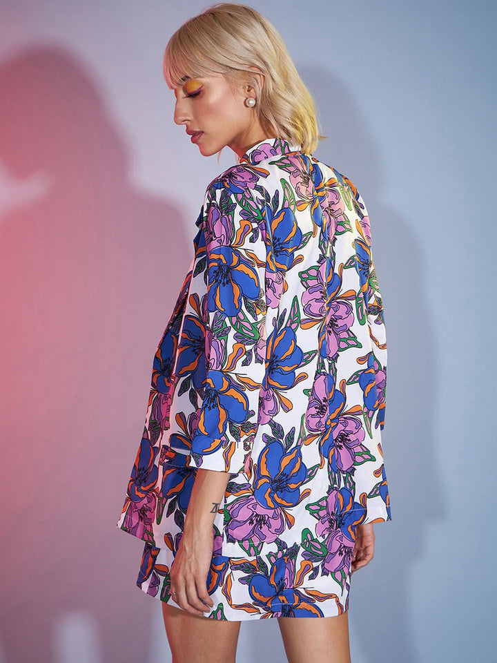 SASSAFRAS Purple & White Floral Printed Top With Skirt & Blazer Co-Ords