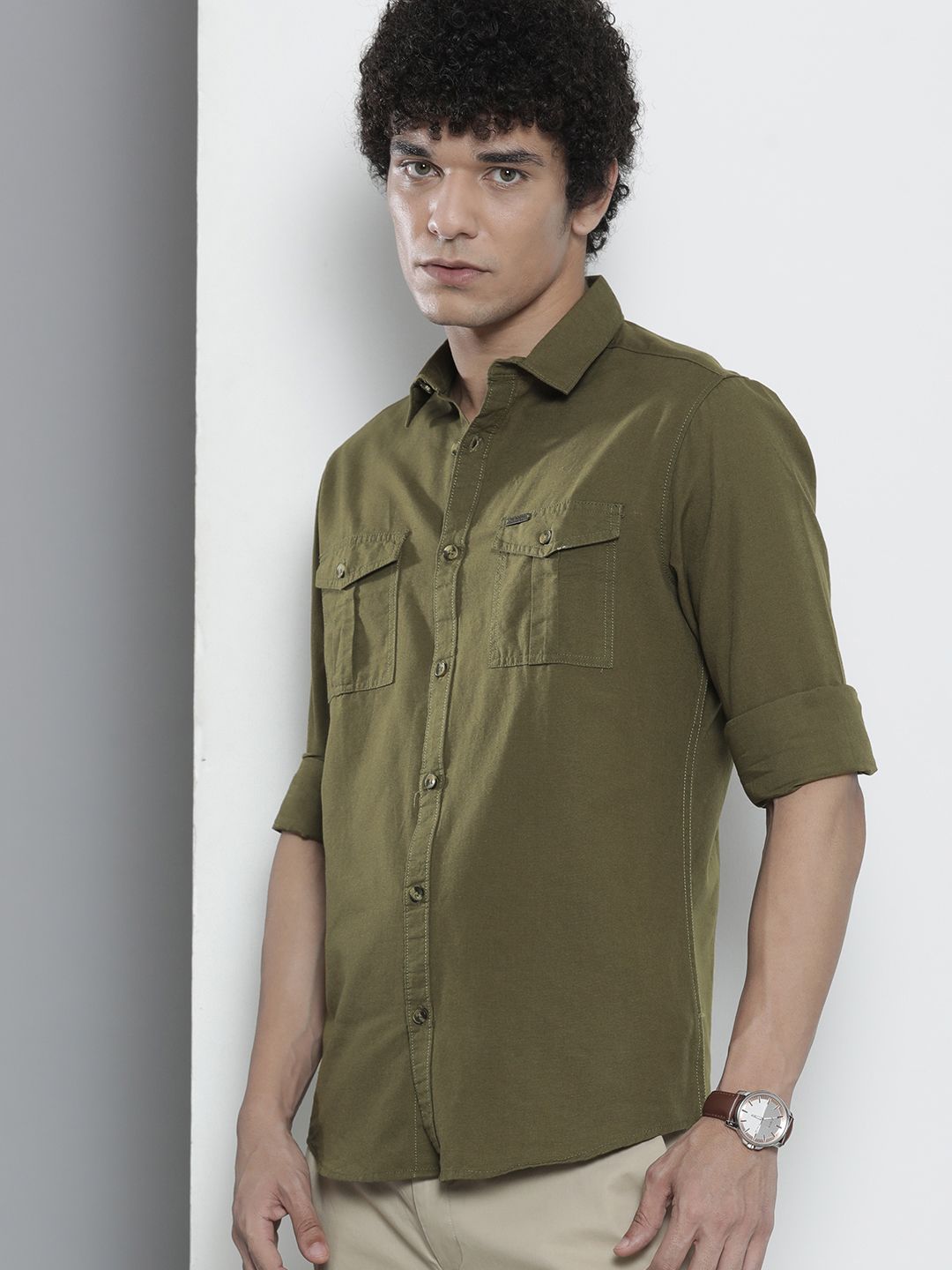 The Indian Garage Co Men Olive Green Solid Casual Shirt