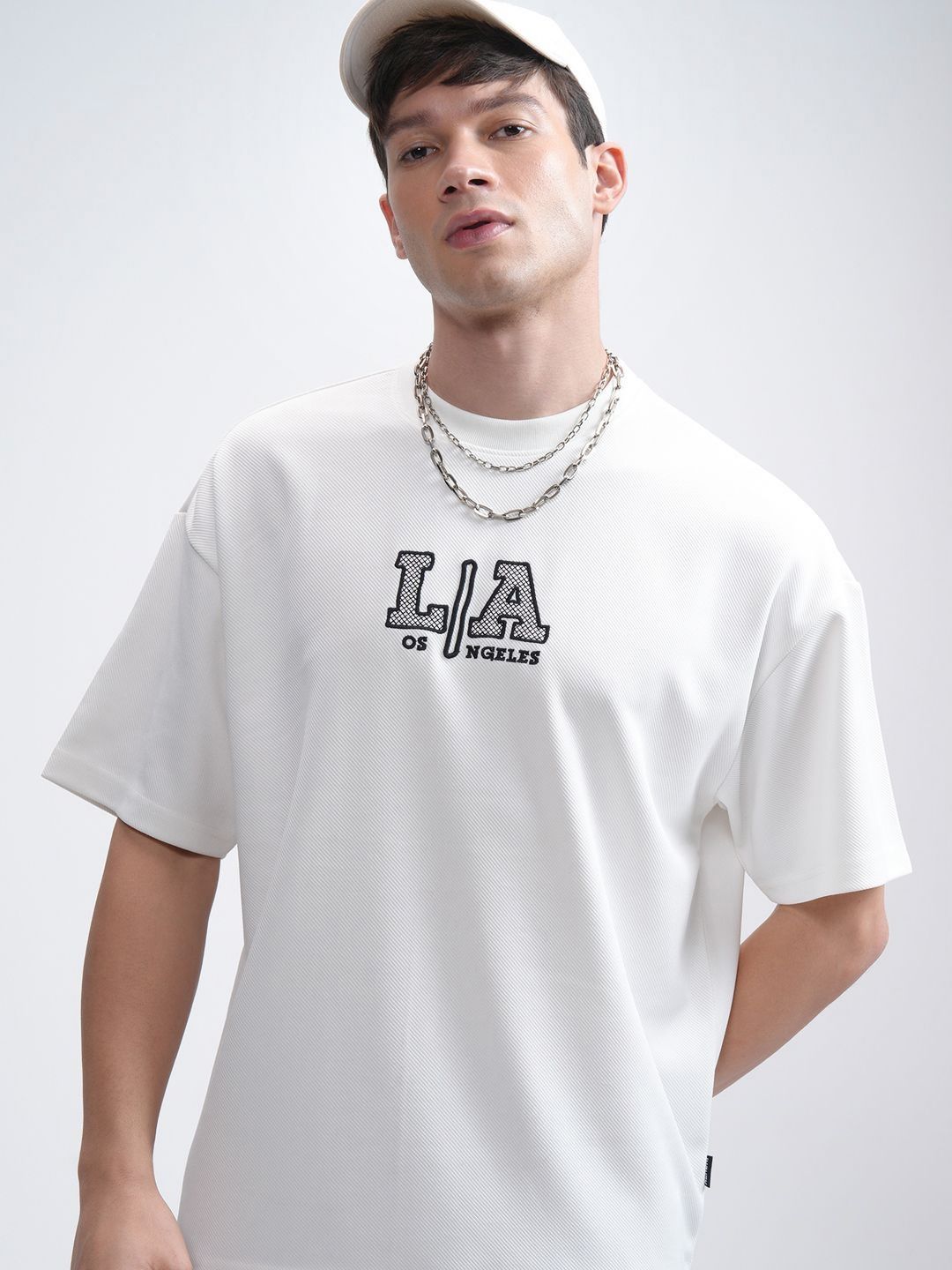 HIGHLANDER Men Round Neck Half Sleeve Oversized Embellished T- Shirt