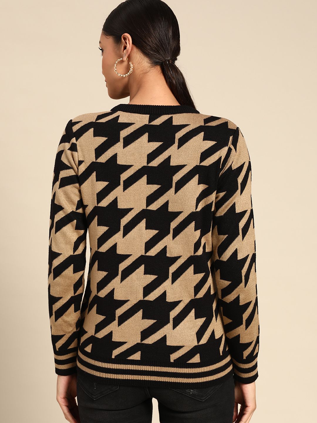 all about you Women Beige & Black Geometric Printed Pullover