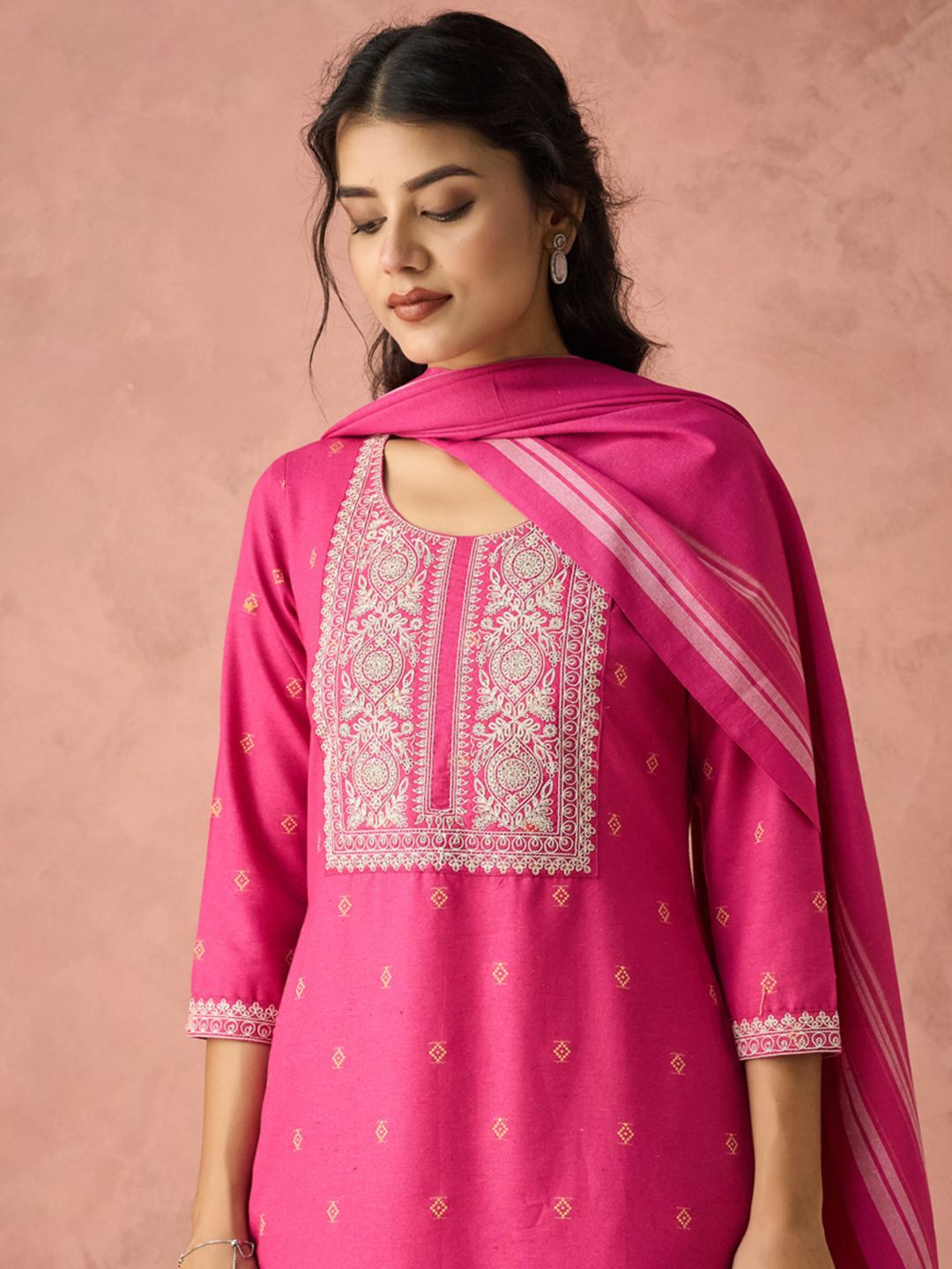 KALINI Ethnic Motifs Embroidered Straight Kurta With Trousers And Dupatta