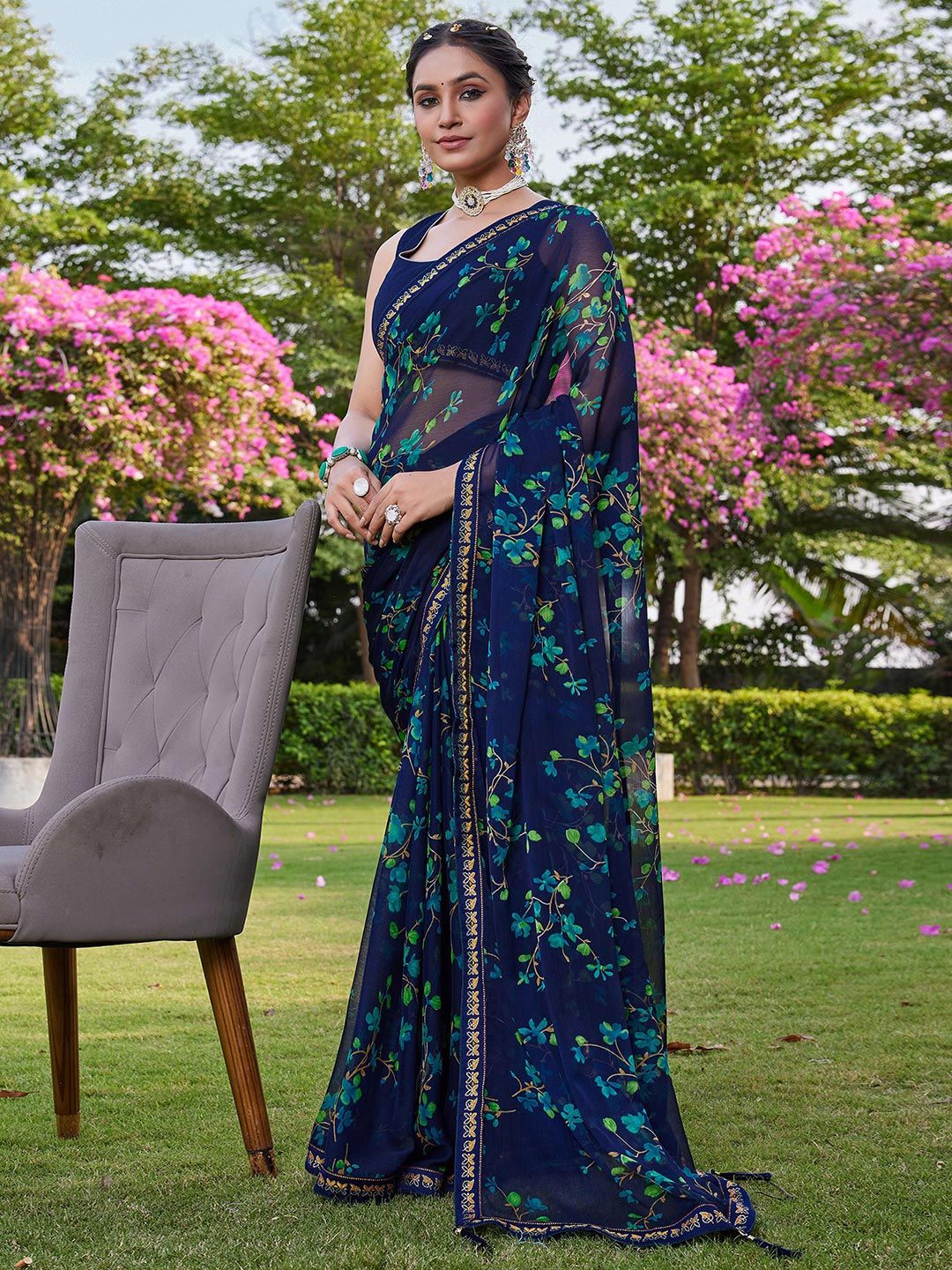 KALINI Women Blue Floral Pure Chiffon Saree