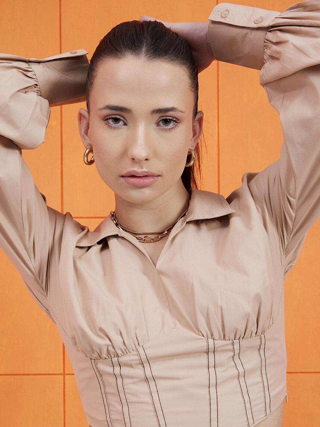 STREET 9 Beige Shirt Collar Pure Cotton Crop Corset Top