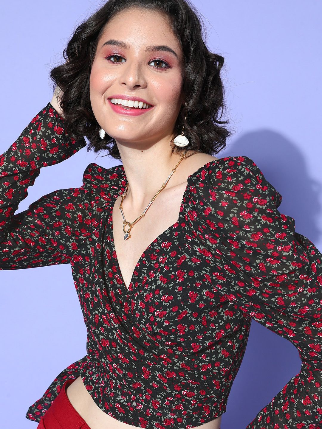 Berrylush Black Floral Print Sweetheart Neck  Wrap Top