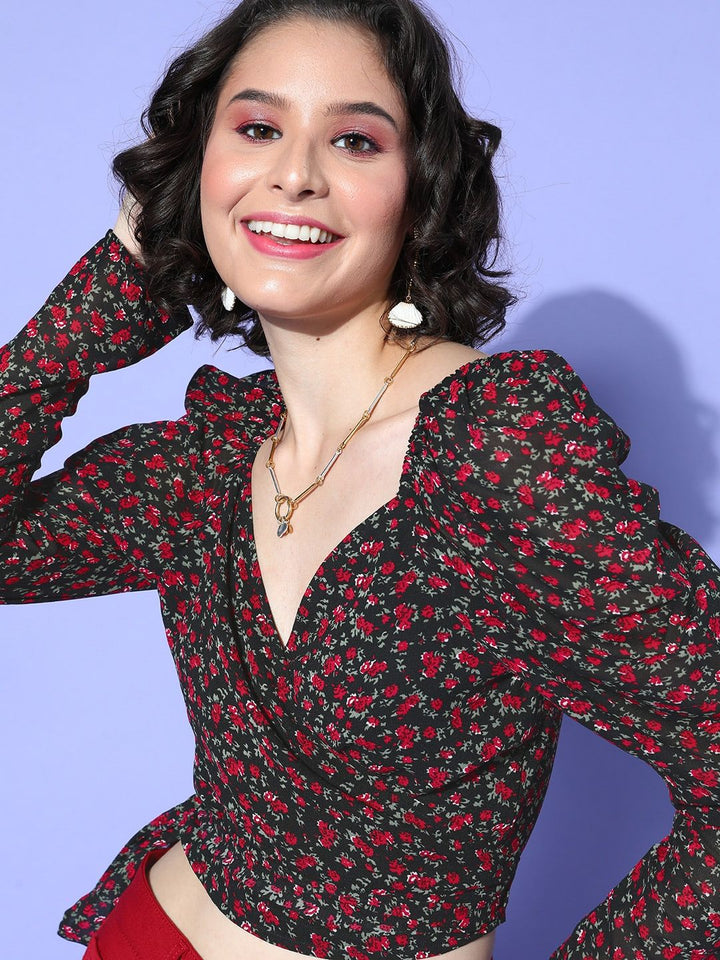 Berrylush Black Floral Print Sweetheart Neck  Wrap Top