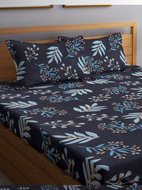 KLOTTHE Black & Blue Floral Printed 300TC Fitted Double King Bedsheet With 2 Pillow Covers