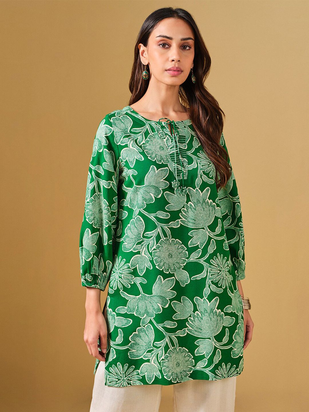 Global Desi Tie-Up Neck Floral Printed Kurti