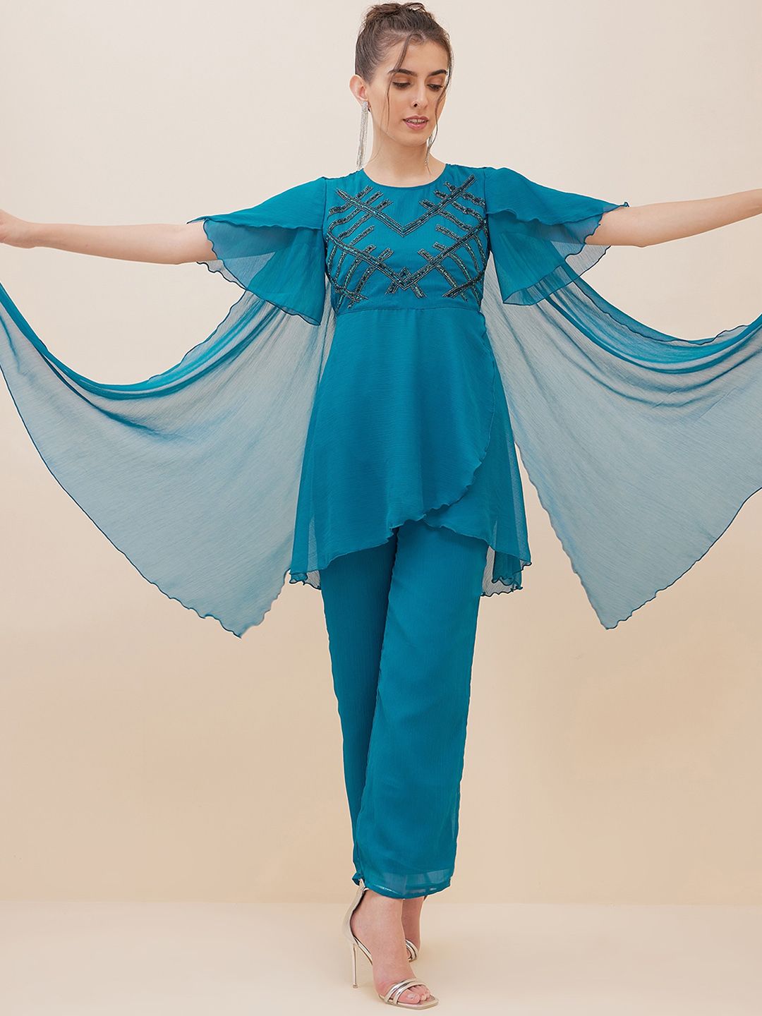 Antheaa Embellished Flared Sleeves Beads & Stones Empire Kurti With Trousers