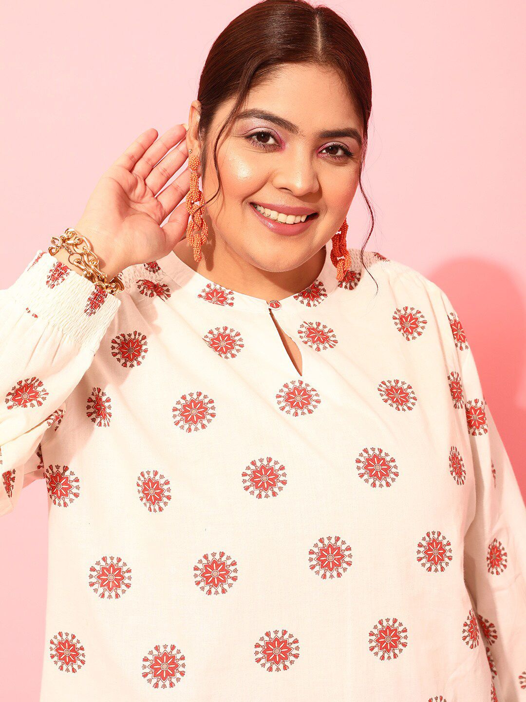 CURVY STREET Plus Size Floral Printed Smocked Shirt Style Top
