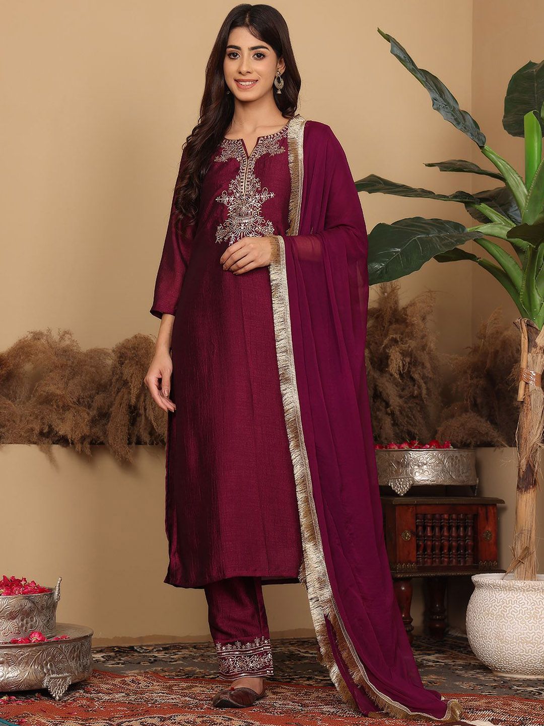Varanga Ethnic Motifs Embroidered Regular Kurta with Trousers & Dupatta