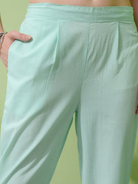Vishudh Green Embroidered Notch Neck Pure Cotton A-Line Kurta With Trousers & Dupatta