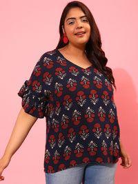 CURVY STREET Plus Size Floral Print V-Neck Top