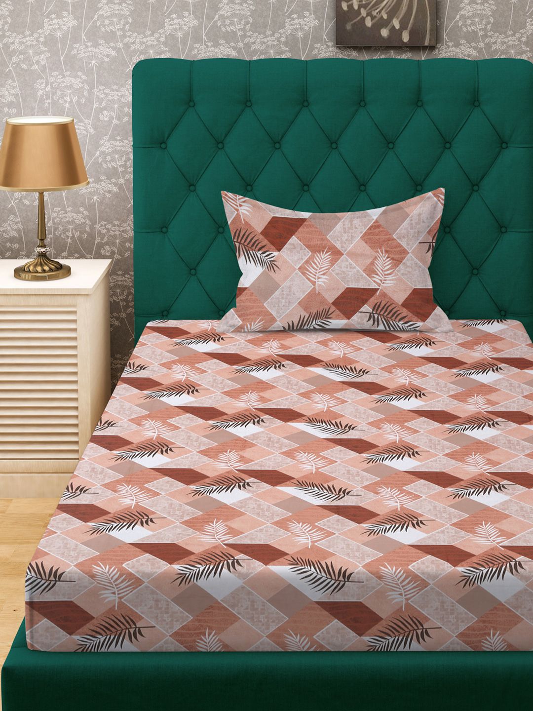 KLOTTHE Rust & Brown Floral Printed Pure Cotton 400 TC Single Bedsheet With Pillow Cover