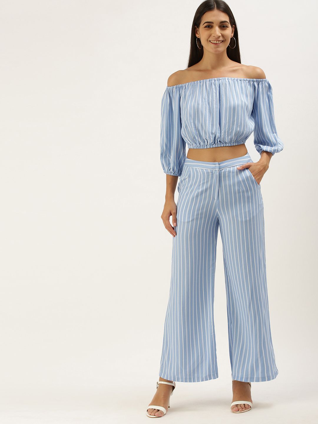AND Blue & White Off-Shoulder Striped Co-Ords Set