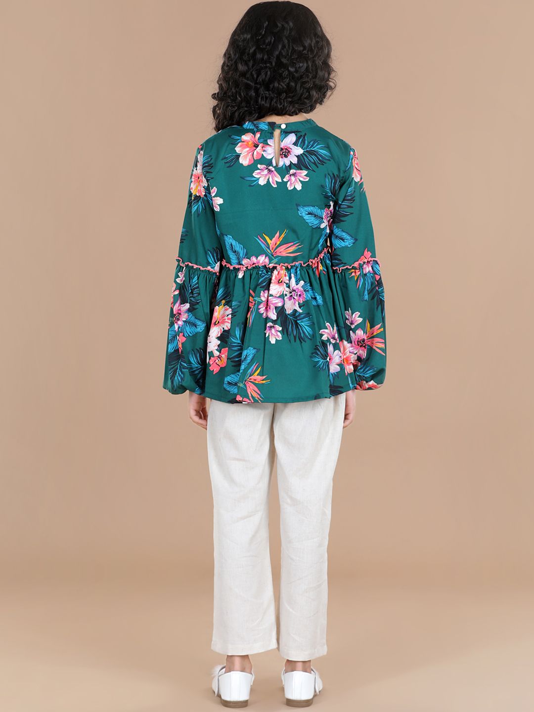 Cutiekins Girls Sea Green & Off White Printed Top with Palazzos