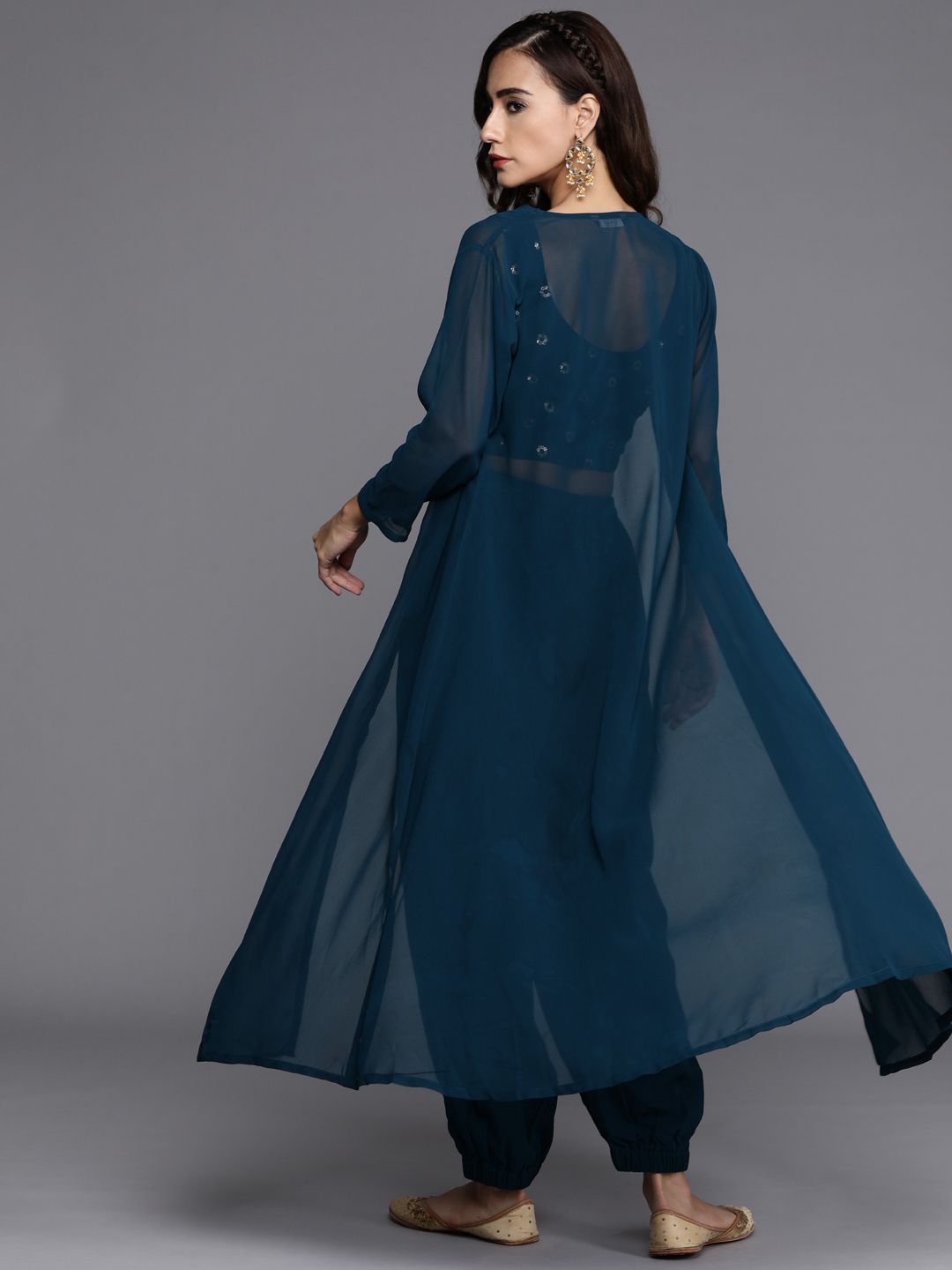 Libas Women Navy Blue Sequinned Top with Harem pants & shrug