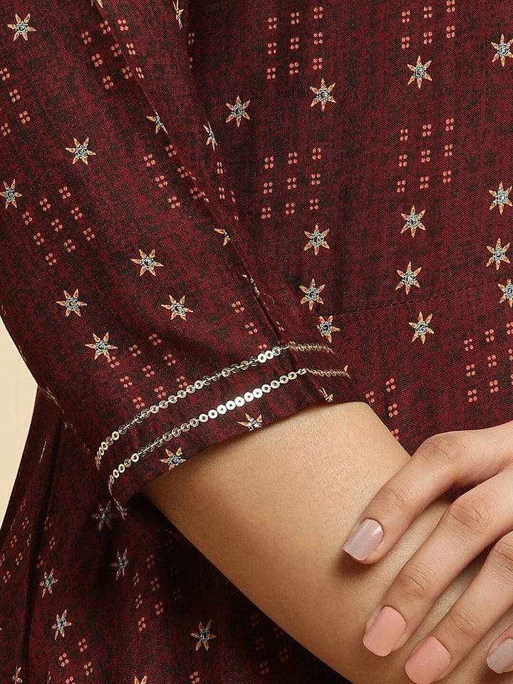 W Brown Ethnic Motifs Printed Thread Work Detailed A-Line Kurta & Trousers With Dupatta