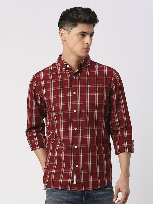 Menjadi Lelaki Manusia Slim Fit Button-Down Collar Tartan Checks Opaque diperiksa baju kasual