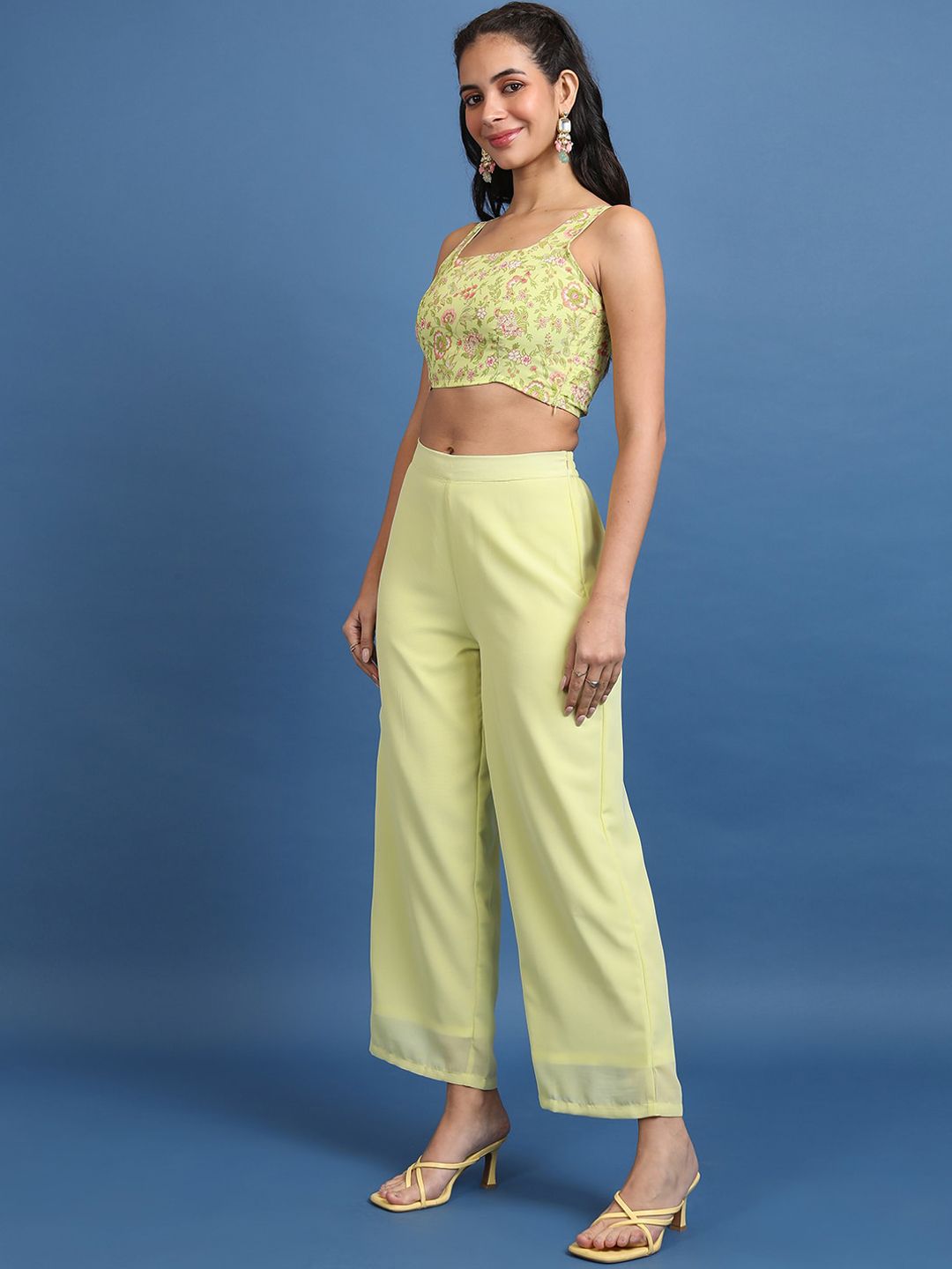 Vishudh Lime Green Printed Crop Top & Jacket With Palazzos