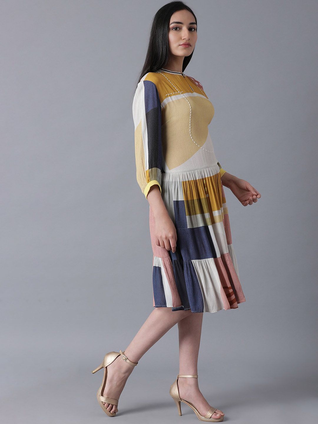 W Women Mustard Printed Viscose Rayon Fit & Flare Dress