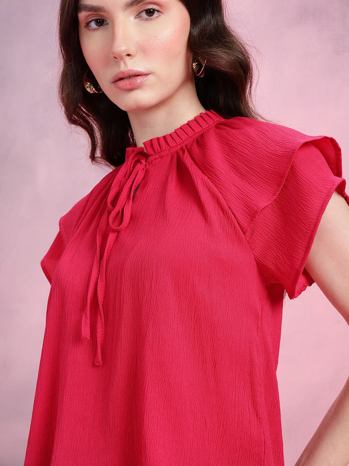 DressBerry Crinkled Effect Tie-Up Neck Flutter Sleeves Top with Ruffled Detail