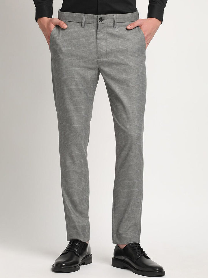 THE BEAR HOUSE Men Checked Tapered Fit Mid-Rise Formal Trousers