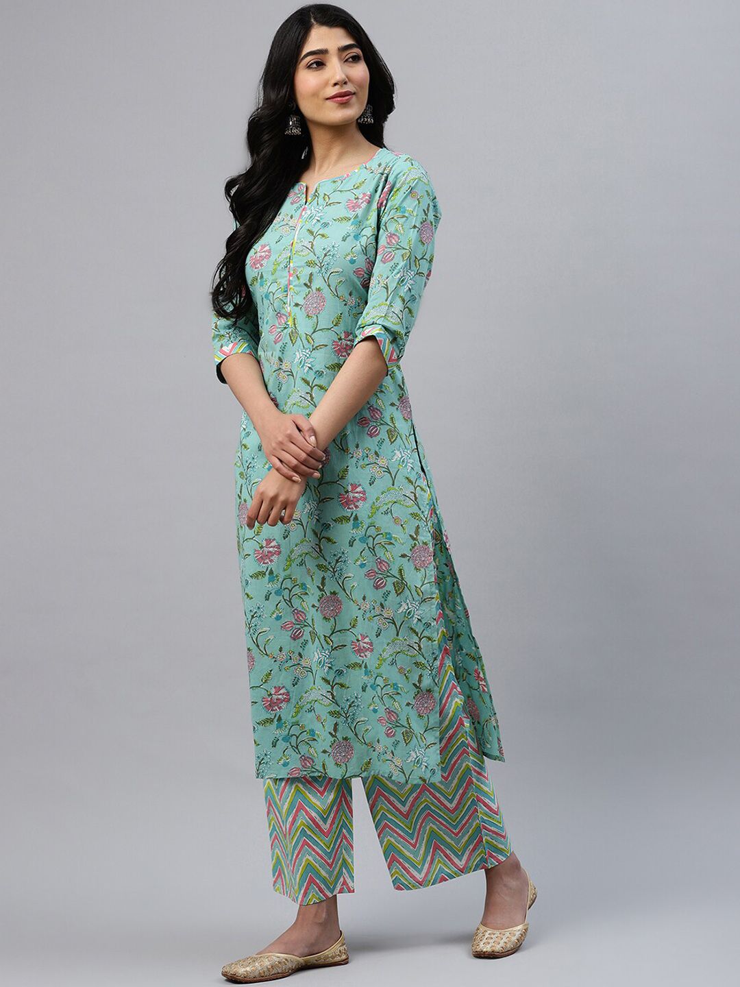 Libas Women Sea Green Floral Printed Kurta with Palazzos & Dupatta