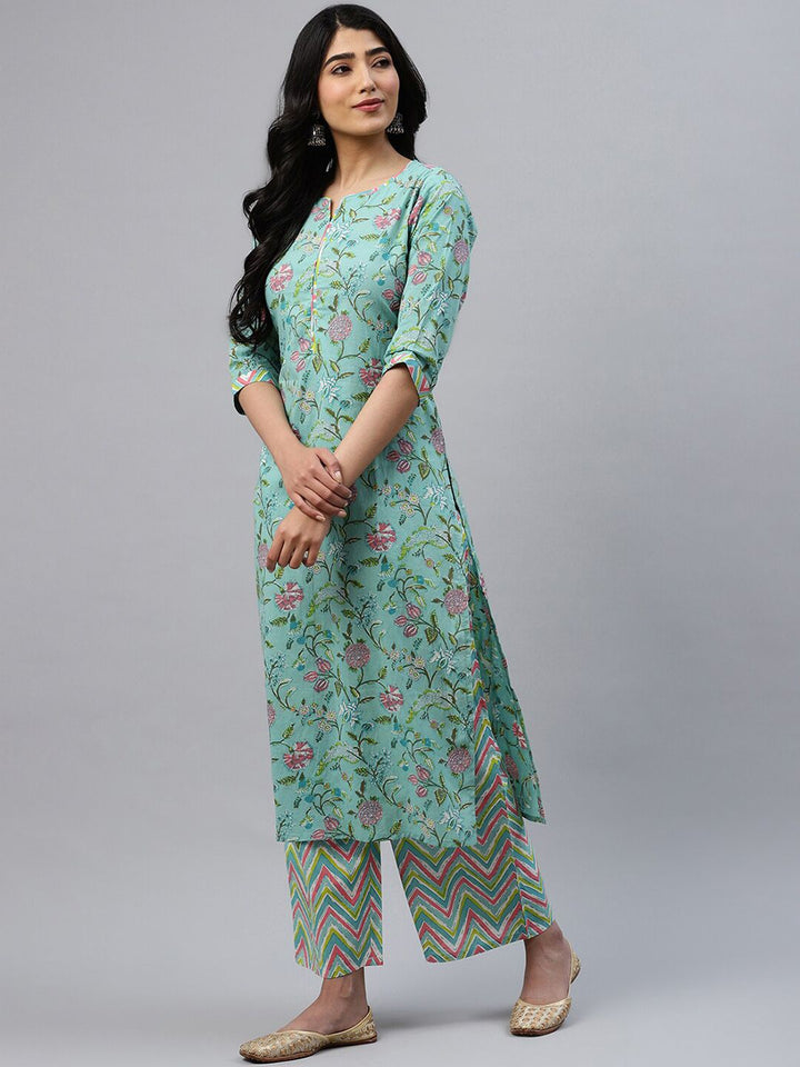 Libas Women Sea Green Floral Printed Kurta with Palazzos & Dupatta