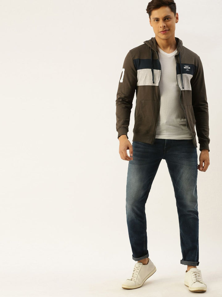 The Indian Garage Co Men Olive Green & Off-White Colourblocked Hooded Sweatshirt