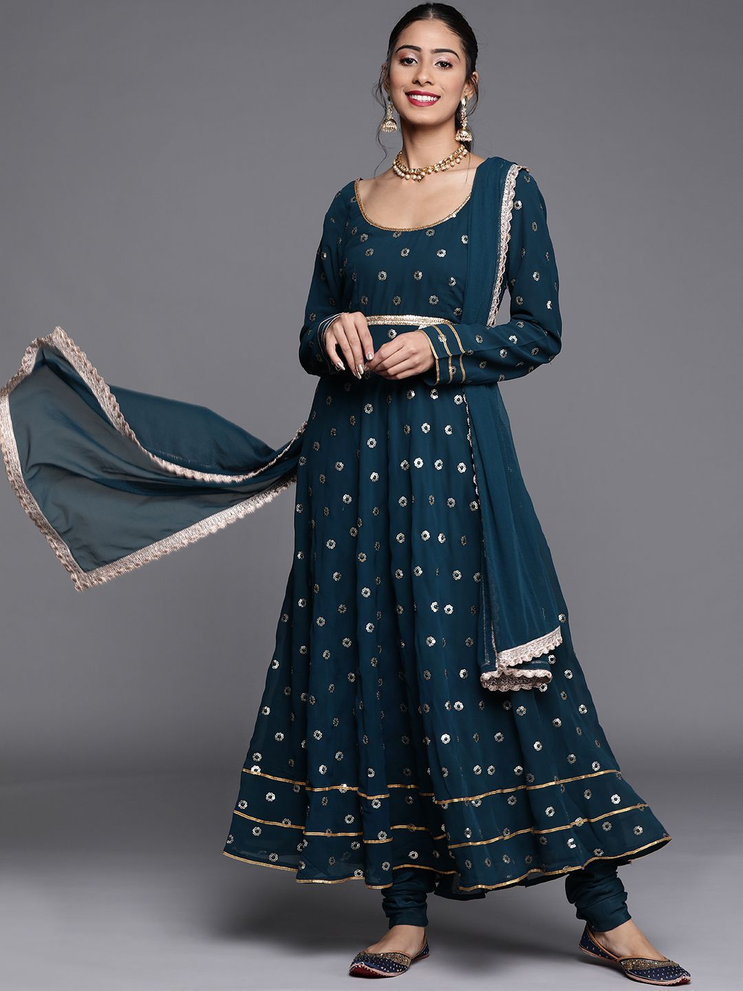 Libas Women Blue Embroidered Anarkali Kurta with Churidar & With Dupatta
