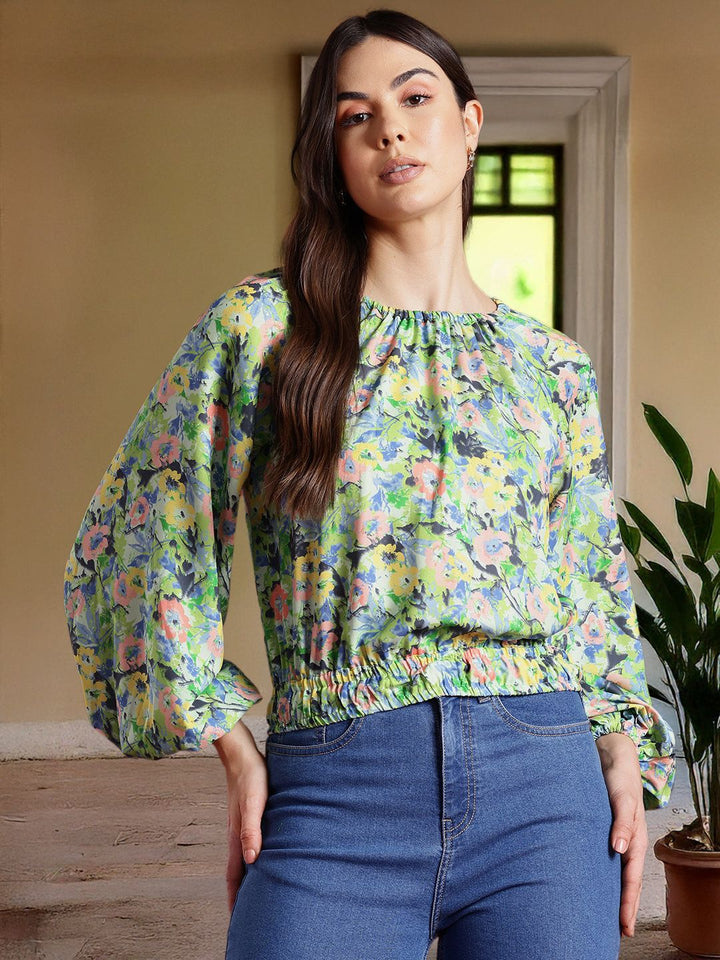 all about you Floral Print Cinched Waist Raglan Puffed Sleeves Top