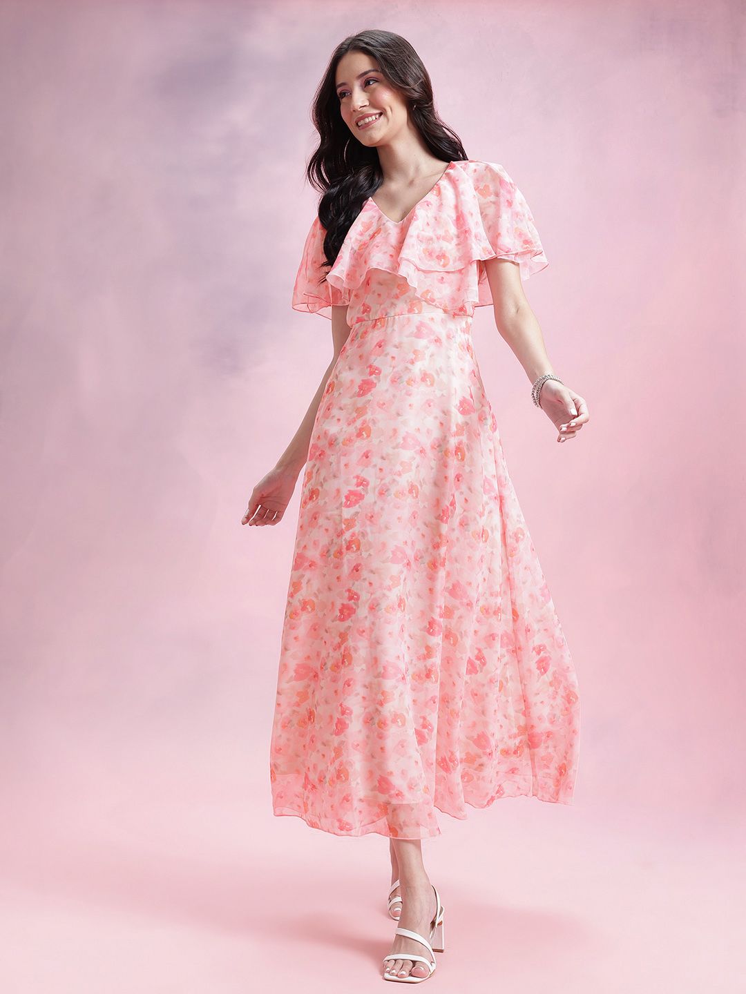 DressBerry Floral Print Flutter Sleeves Ruffled Detail Georgette Maxi A-Line Dress