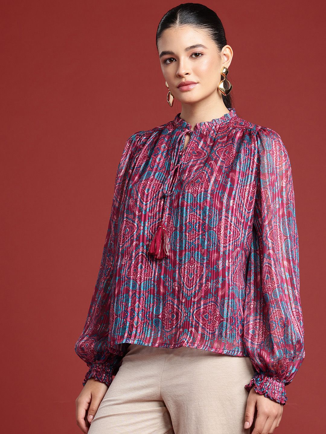 all about you Tie-Up Neck Puff Sleeve Ruffles Ethnic Printed Top
