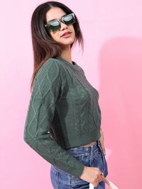 Tokyo Talkies Women Stunning Green Cable Knit Sweater