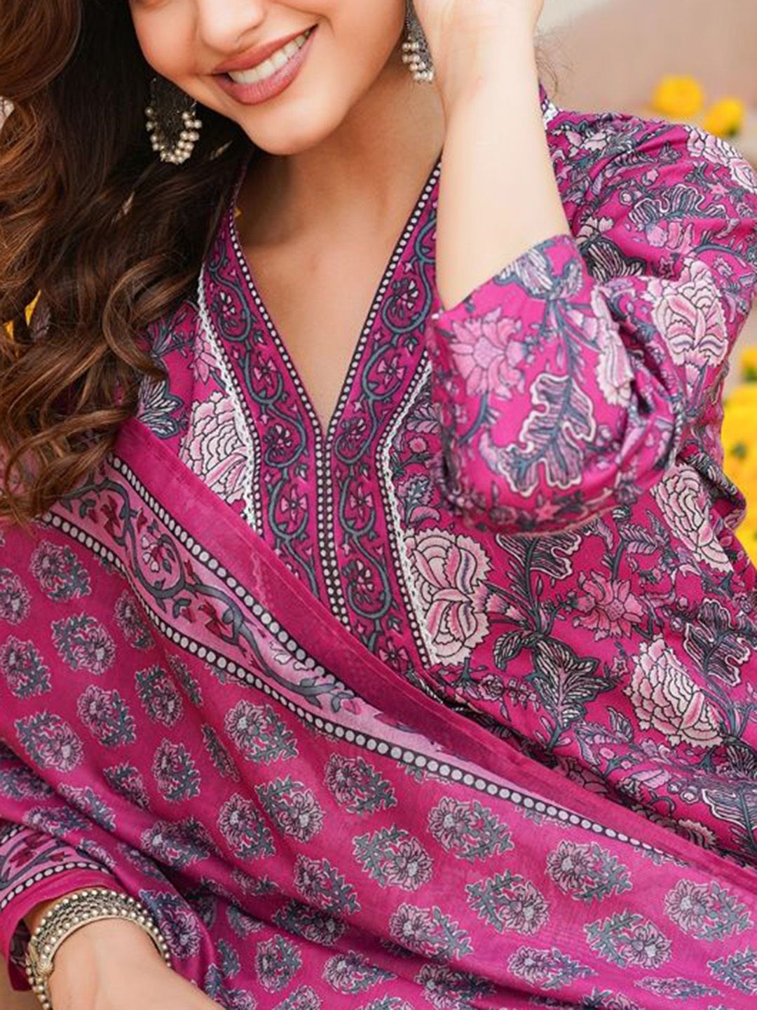 KALINI Women Floral Printed Pleated Kurta with Palazzos & With Dupatta