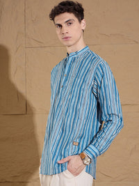 Dennison Striped Band Collar Cotton Pure Lurus Kurta Pendek