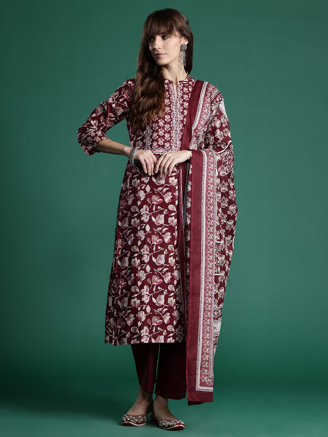 Indo Era Floral Printed Pure Cotton Kurta With Trousers & Dupatta