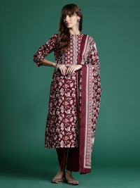 Indo Era Floral Printed Pure Cotton Kurta With Trousers & Dupatta
