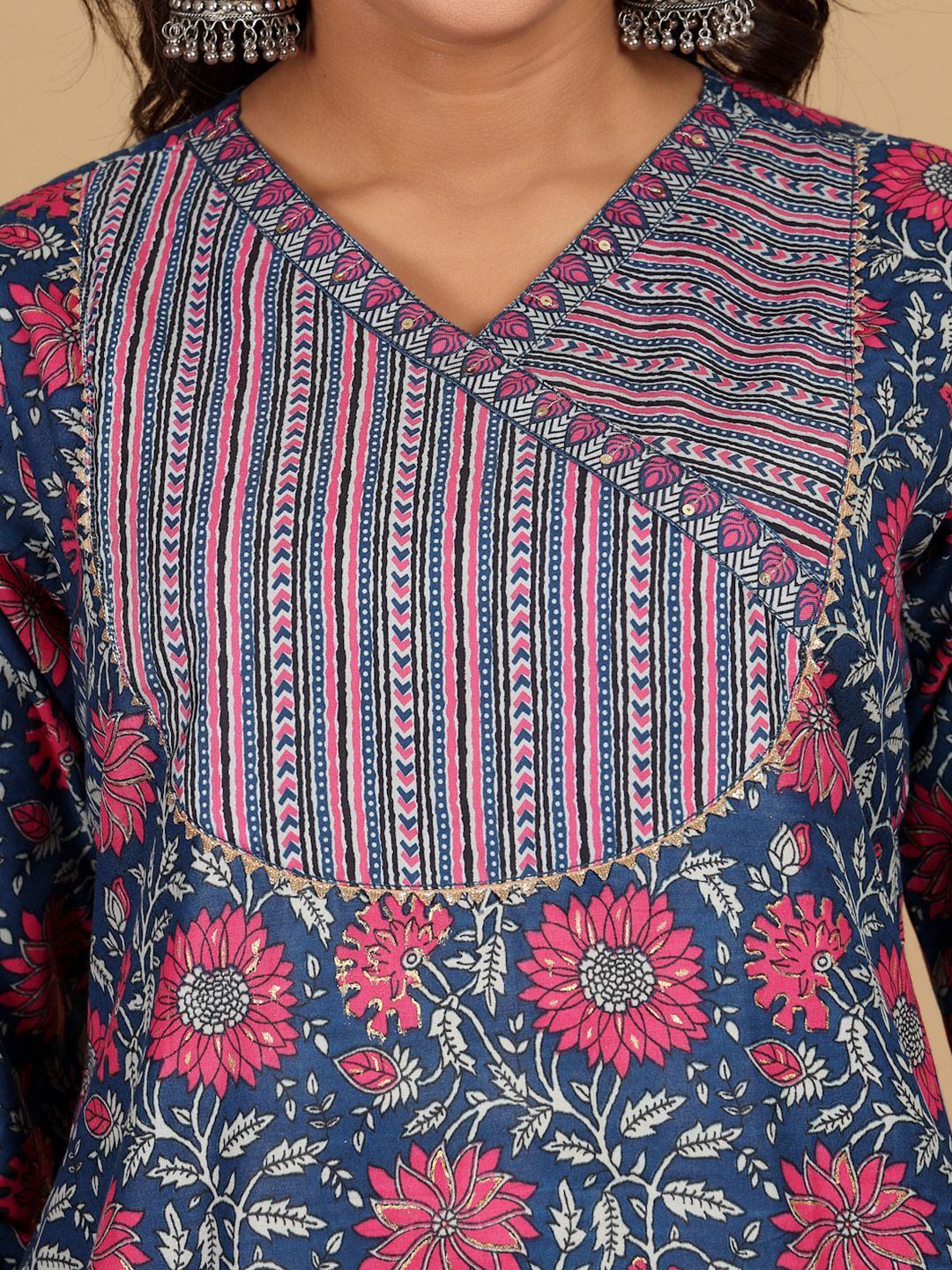Varanga Floral Printed V-Neck Gotta Patti Kurta With Trousers & Dupatta