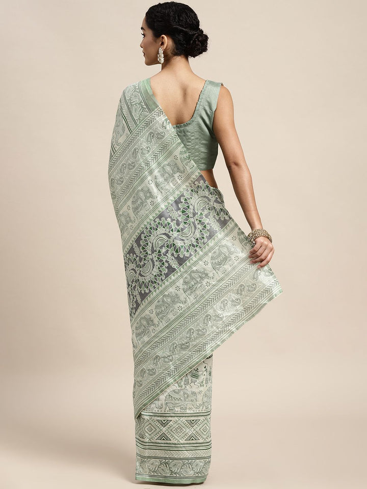 Saree mall Sea Green & White Ethnic Motifs Block Print Sarees