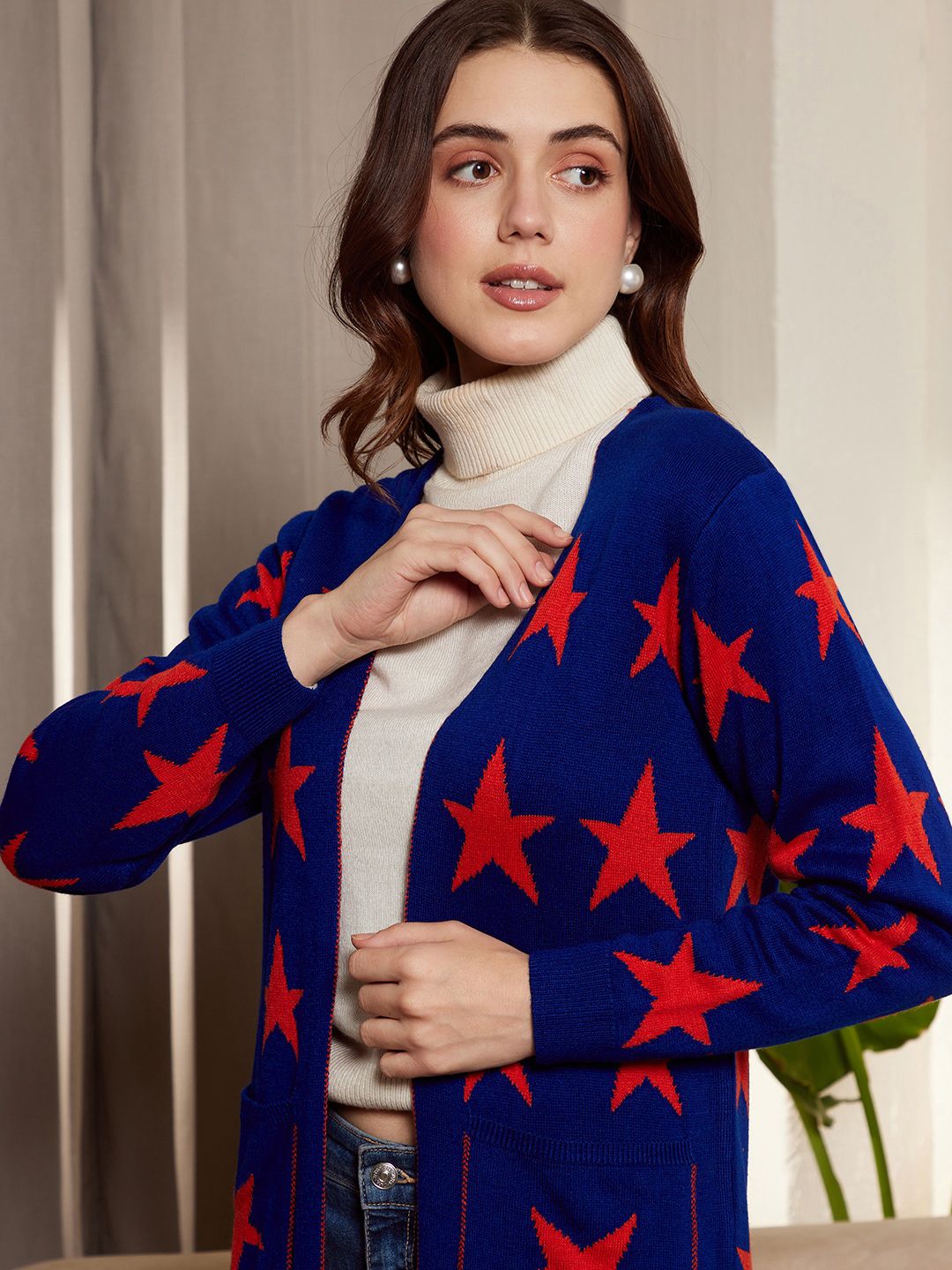 Berrylush Blue & Red Conversational Printed Longline Front Open Sweater