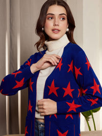 Berrylush Blue & Red Conversational Printed Longline Front Open Sweater