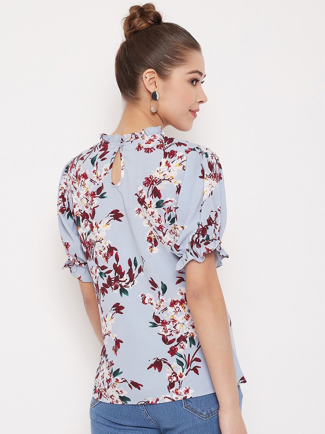 Berrylush Blue Floral Printed High Neck Top