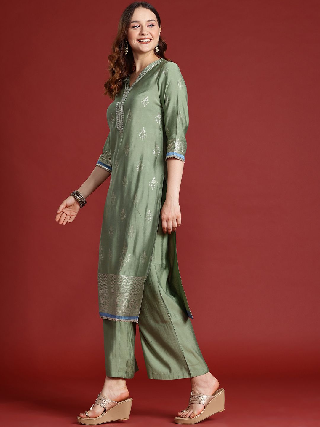 Anouk Printed Thread Work Kurta with Palazzos &  Dupatta